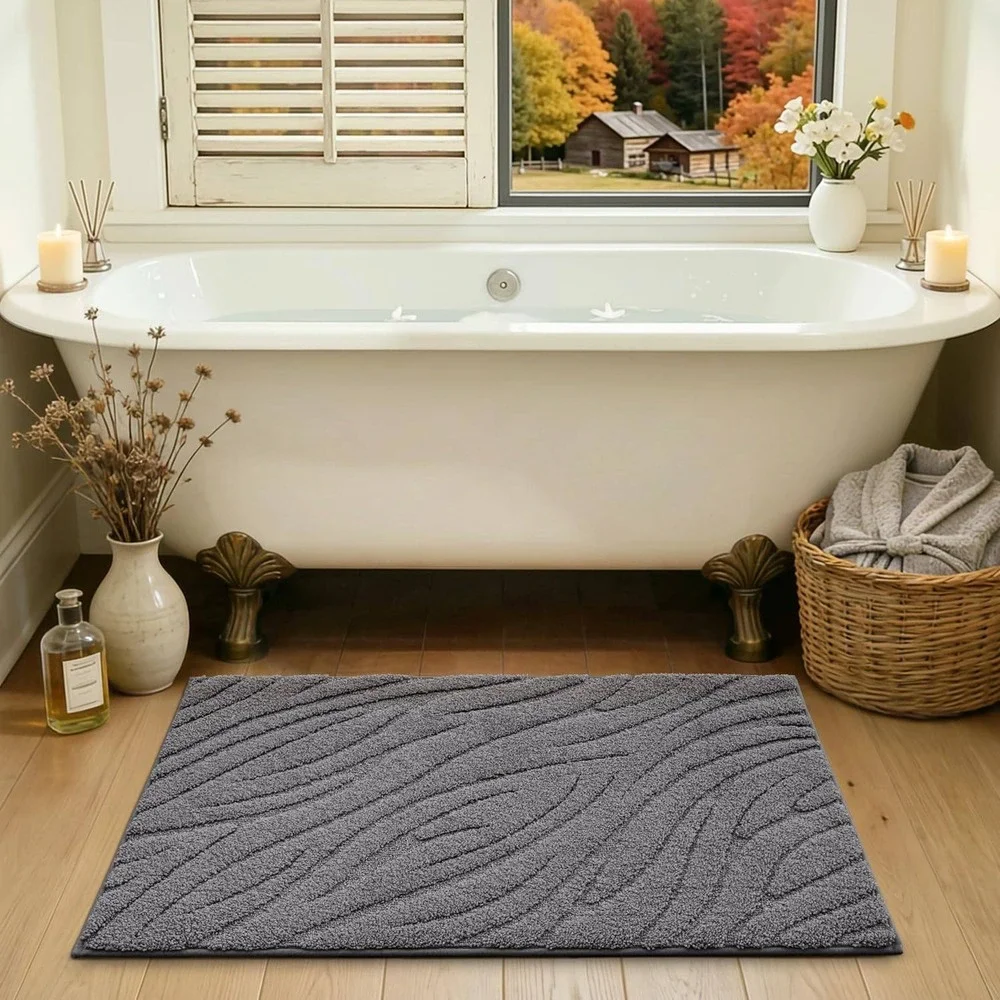 Grey Wavy Textured Microfiber Bath Mat Non-Slip Absorbent Rug 24x43in